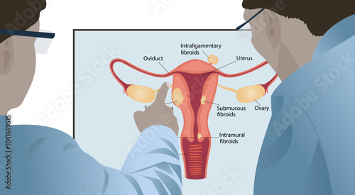 Doctors looking at ultrasound of woman with uterine fibroids, gynecological cancer, heavy menstruation