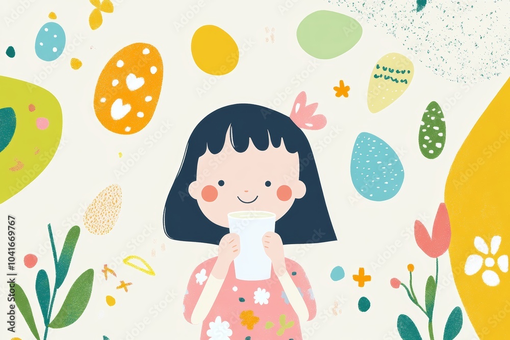 A young girl holds a cup while surrounded by colorful spring decorations featuring flowers and eggs in a playful design A young girl holds a cup while surrounded by colorful spring decorations featuring flowers and eggs in a playful design