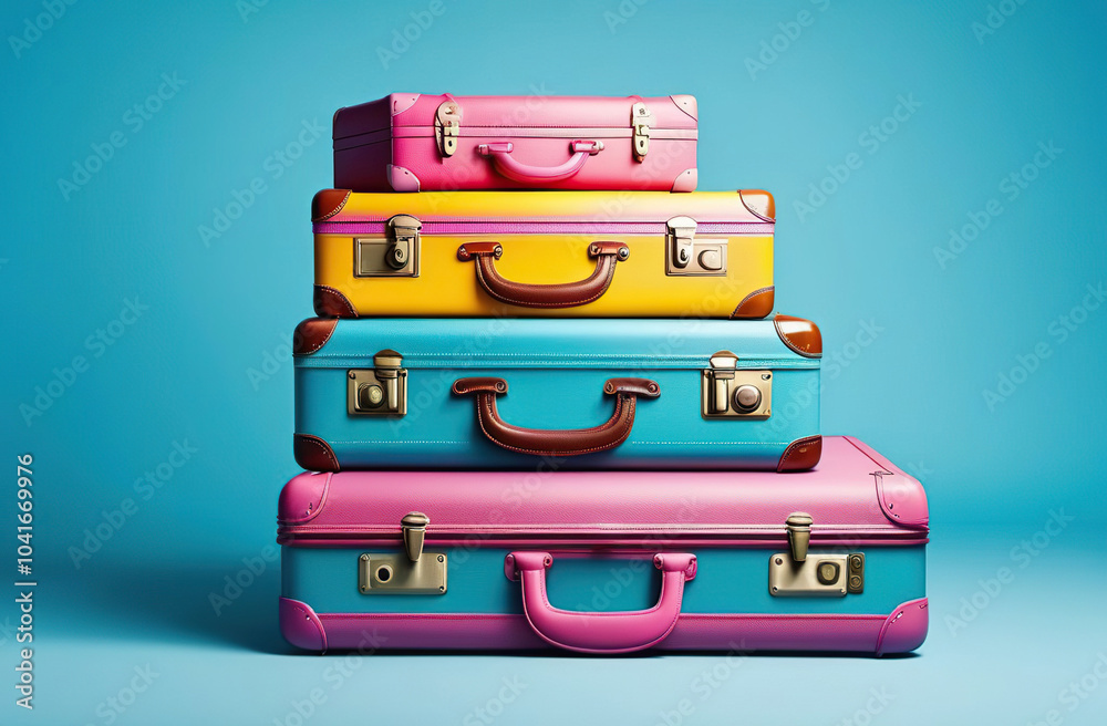 Blue, yellow and pink suitcases lie on top of each other, blue background Blue, yellow and pink suitcases lie on top of each other, blue background