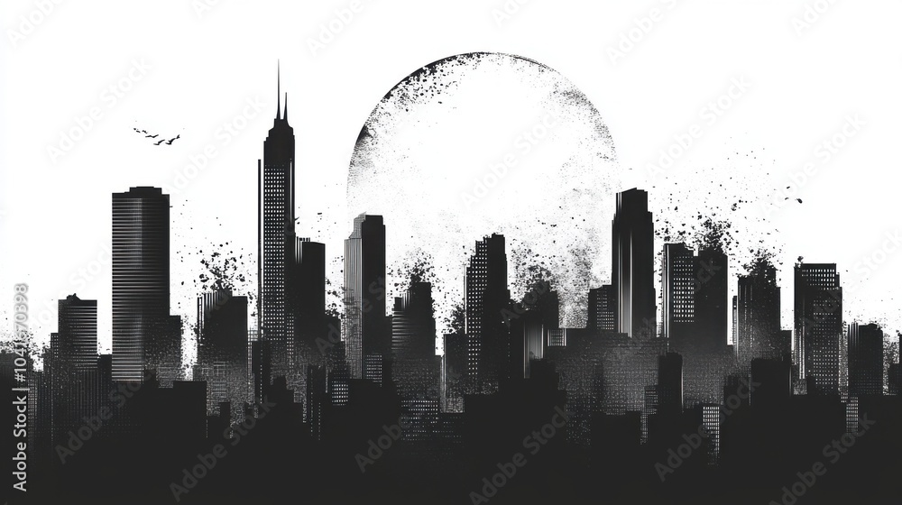 Fototapeta premium A city skyline illustrated with halftone effects, blending modernity and artistic flair.