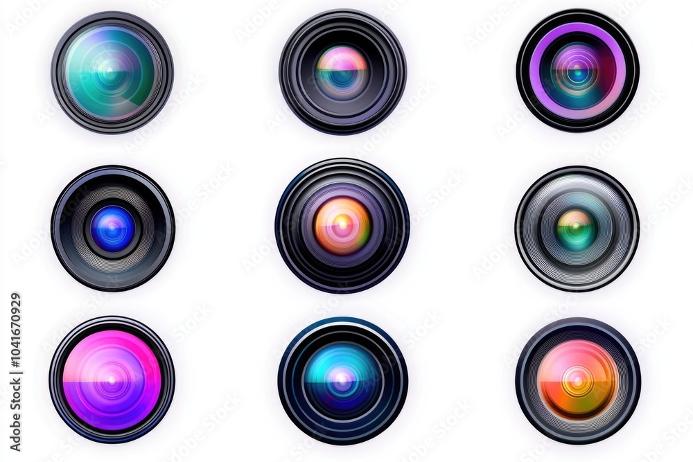 A collection of colorful camera lenses on a white background A collection of colorful camera lenses on a white background