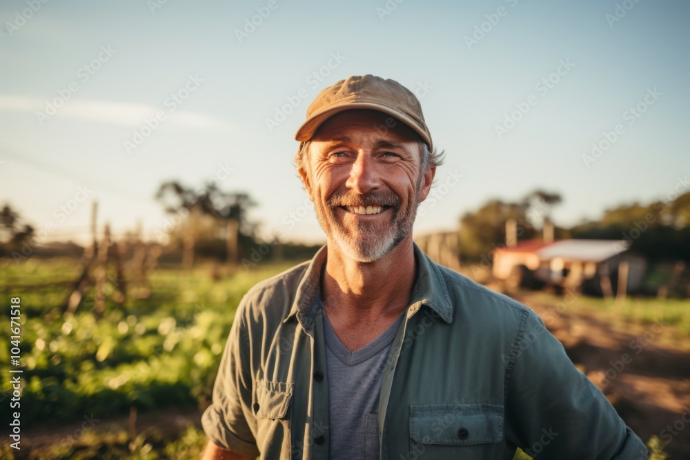 Fototapeta premium Smiling portrait of a middle aged Caucasian male farmer on field