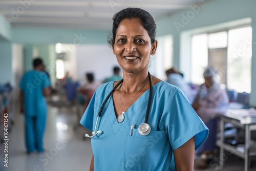 Smiling portrait of a middle aged Indian nurse in hospital