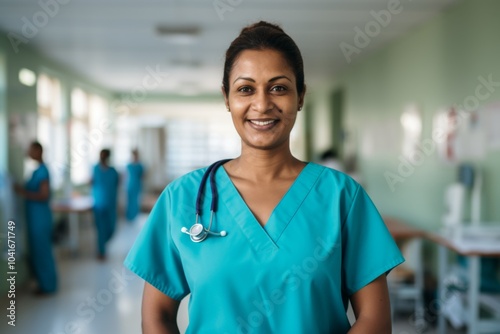 Smiling portrait of a middle aged Indian nurse in hospital