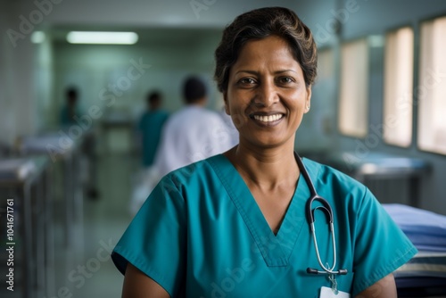 Smiling portrait of a middle aged Indian nurse in hospital