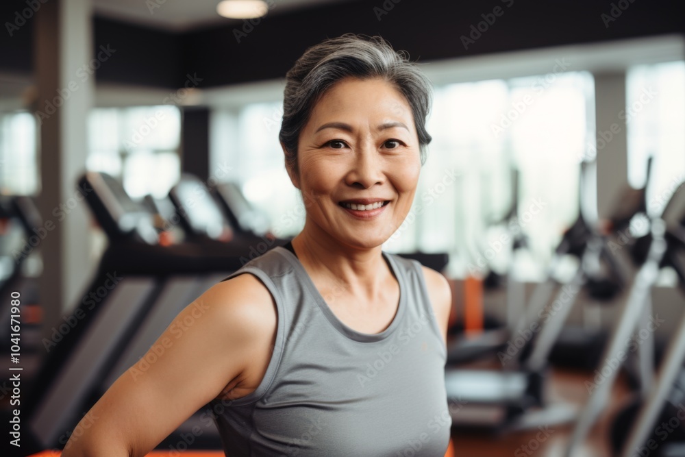 Smiling portrait of a slightly overweight middle aged woman in gym Smiling portrait of a slightly overweight middle aged woman in gym