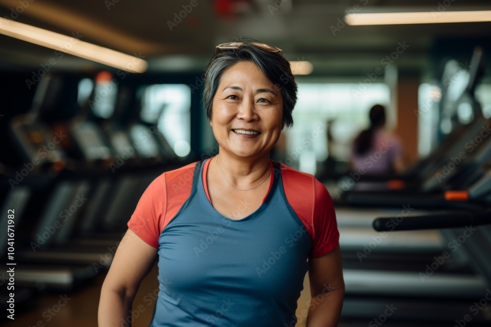 Smiling portrait of a slightly overweight middle aged woman in gym Smiling portrait of a slightly overweight middle aged woman in gym