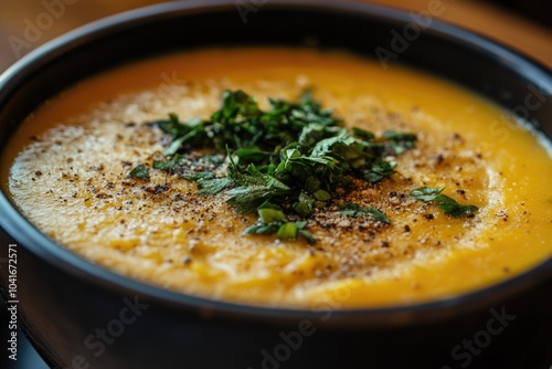 A close-up shot of a bowl of hot soup on a table, ready to be enjoyed