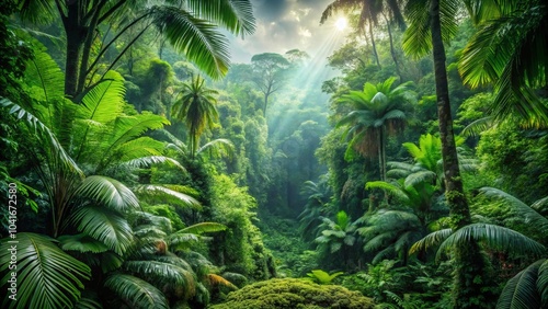 Vibrant green rainforest filled with trees, perfect for an 8K high-resolution nature wallpaper.