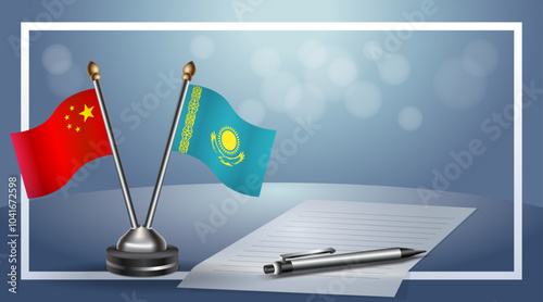 China and Kazakhstan Small national flag on bokeh background, cooperative relationship