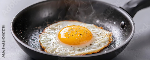 A perfectly fried egg sizzling in a skillet, with a bright yolk and crispy edges, ideal for breakfast inspiration.