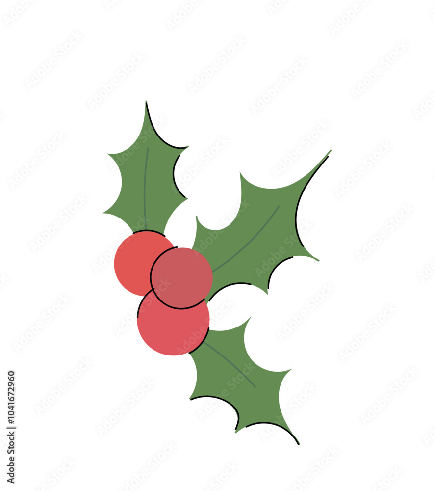 Holly berry plant with tree berries and leaves isolated on white background. Hand drawn vector flat colored illustration. Merry Christmas symbol and a happy new year celebration Holly berry plant with tree berries and leaves isolated on white background. Hand drawn vector flat colored illustration. Merry Christmas symbol and a happy new year celebration