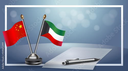 China and Kuwait Small national flag on bokeh background, cooperative relationship