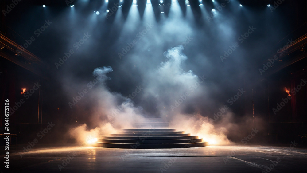 Fototapeta premium Empty Concert Stage with Spotlights and Smoke – Dramatic Performance Background.