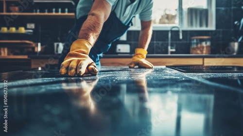 A person cleaning a kitchen countertop with gloves, emphasizing cleanliness and maintenance.