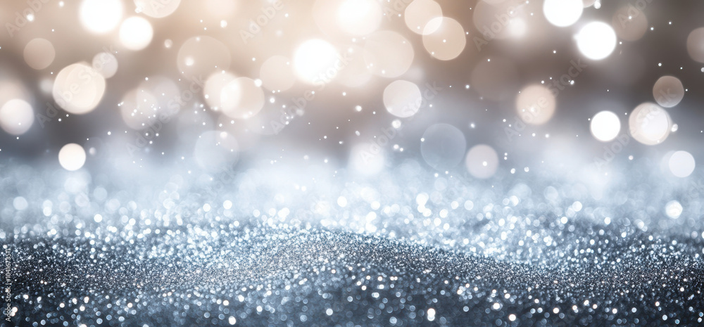 Abstract silver and white bokeh background with glitter, sparkles and light effect for luxury design.