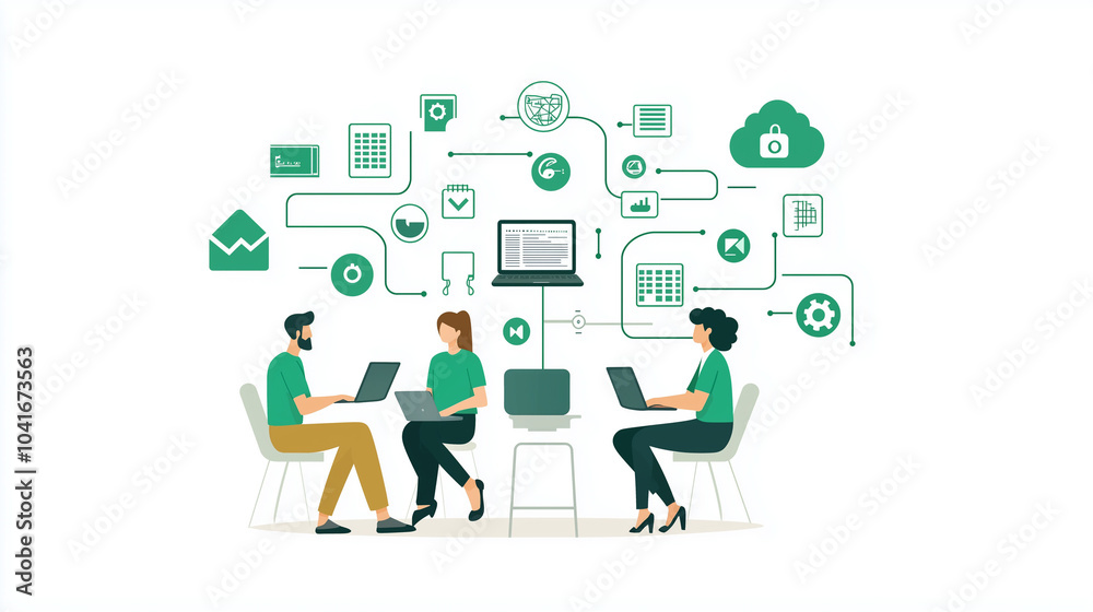 Illustration of professionals leveraging cloud technology for efficient digital collaboration, remote teamwork, and streamlined virtual communication in modern business settings. Illustration of professionals leveraging cloud technology for efficient digital collaboration, remote teamwork, and streamlined virtual communication in modern business settings.