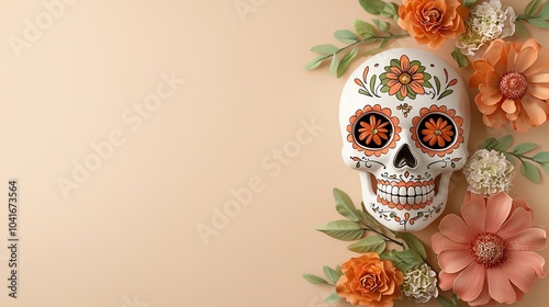 Bright sugar skull with glowing orange and green flowers, vibrant and intricate details photo