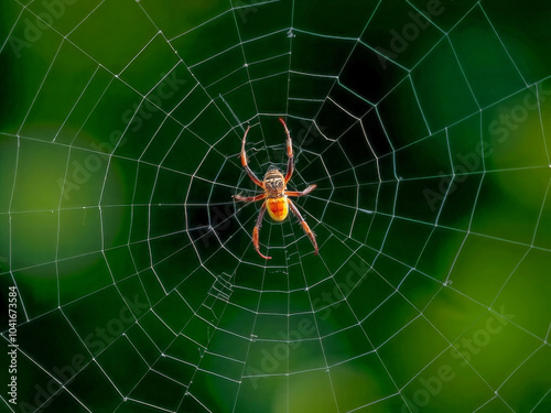 A spider is sitting in the center of a web. The spider is brown and yellow. The web is green and has a lot of detail