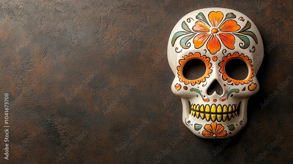 Colorful sugar skull glowing in the dark, neon yellow and orange with detailed patterns Colorful sugar skull glowing in the dark, neon yellow and orange with detailed patterns