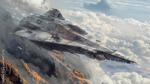 Futuristic Spaceship Soaring Through Clouds - Sci-Fi Artwork