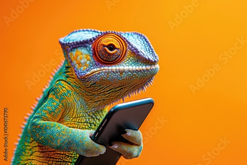 A chameleon holds a cell phone in its hands, showcasing its unique ability to adapt to new situations