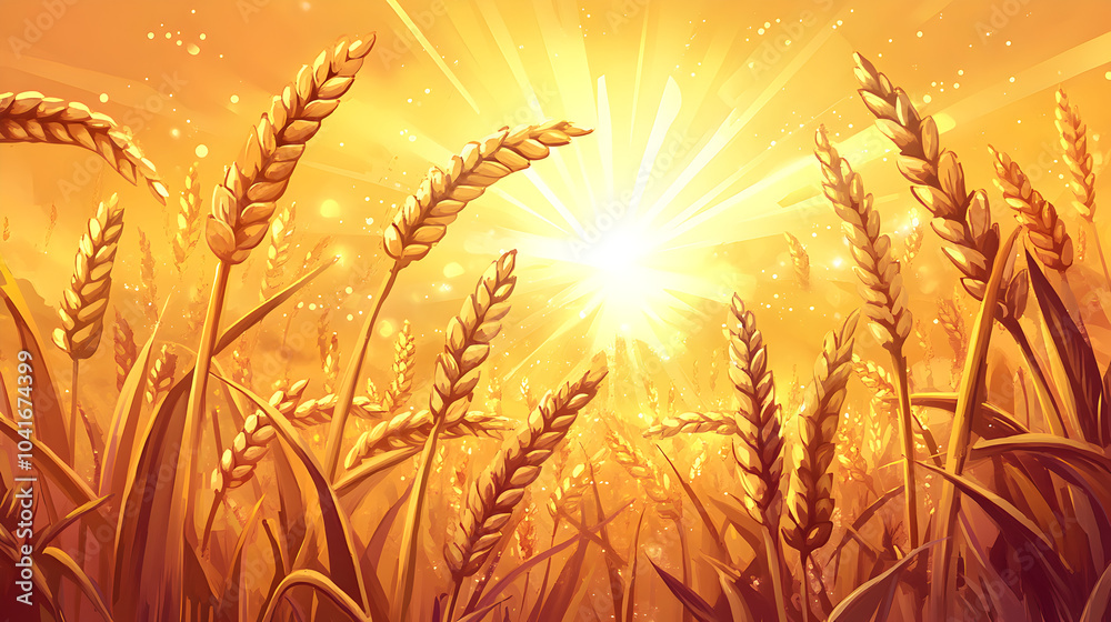 Golden wheat field illuminated by the bright morning sun in a rural landscape during harvest season