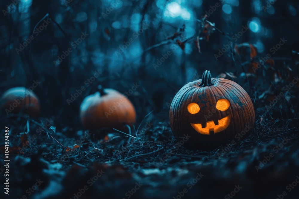 Naklejka premium A group of pumpkins sitting on the edge of a forest, perfect for autumn or harvest-themed designs