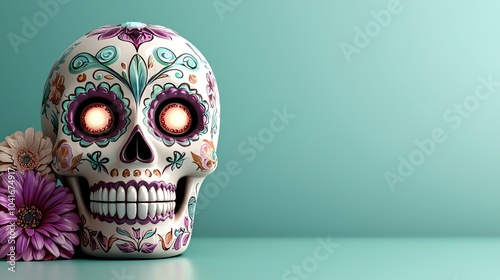 Neon sugar skull with glowing eyes, radiant purple and teal, detailed floral design