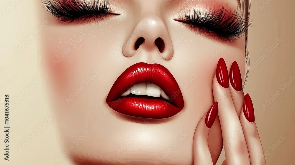 Obraz premium A young, beautiful, well-groomed girl. Face in profile. Hairstyle - neatly combed hair. Makeup - red lips. Cosmetic. Manicure - red nails. 