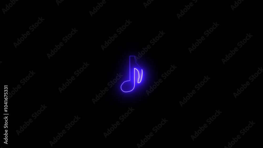 Glowing neon line musical note icon on black background. Music symbol neon color reveal and glowing loop effect animation. Dark background.