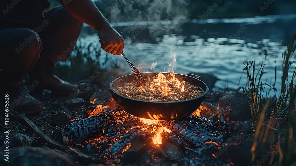 Outdoor Cooking Over Campfire with Frying Pan in Forest Setting Outdoor Cooking Over Campfire with Frying Pan in Forest Setting