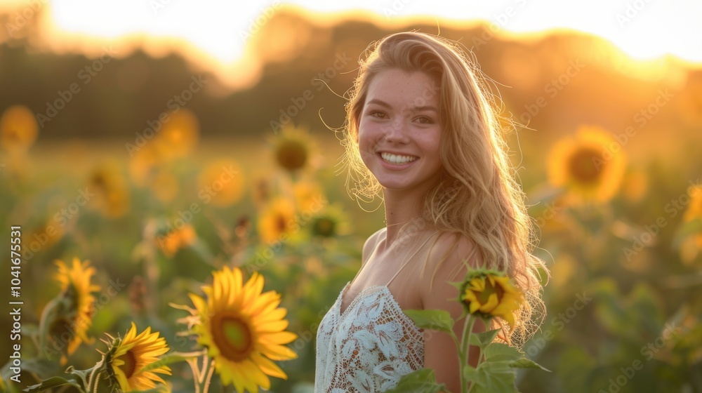A woman standing amidst a bright yellow field of sunflowers, warm sunlight and natural beauty A woman standing amidst a bright yellow field of sunflowers, warm sunlight and natural beauty