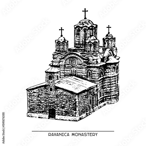 Ravanica Monastery sketch on white background