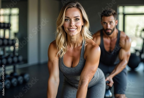 Fitness Session with a Couple at the Gym - A Training Scene of a Muscular Man and Woman Pursuing a Healthy Lifestyle and Wellness