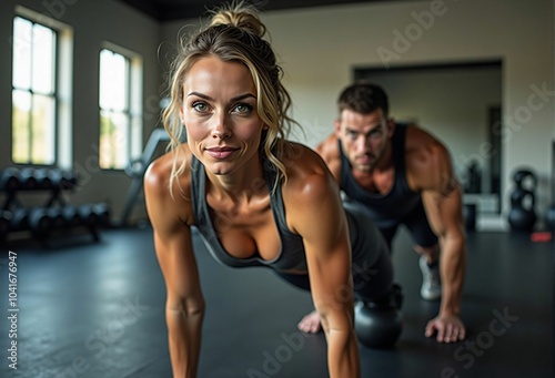 Fitness Session with a Couple at the Gym - A Training Scene of a Muscular Man and Woman Pursuing a Healthy Lifestyle and Wellness