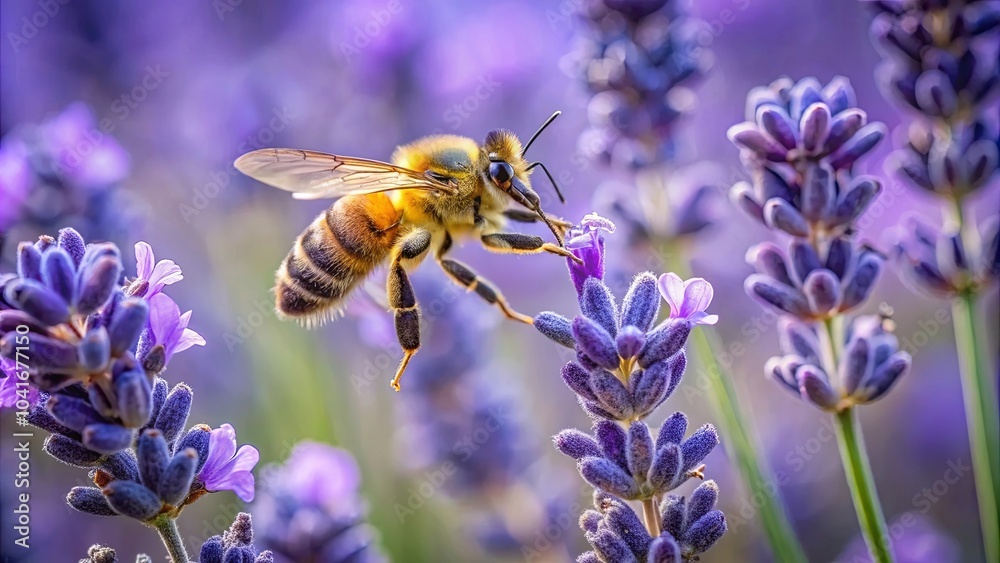 Honeybee Hovering Near Lavender Flowers Honeybee Hovering Near Lavender Flowers