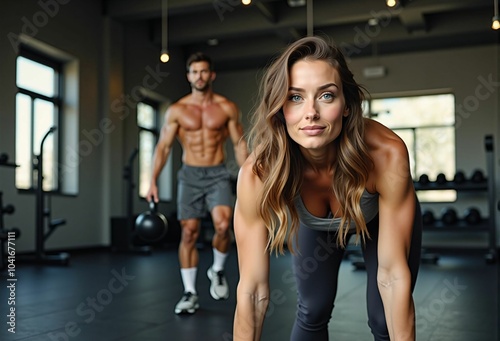 Fitness Session with a Couple at the Gym - A Training Scene of a Muscular Man and Woman Pursuing a Healthy Lifestyle and Wellness