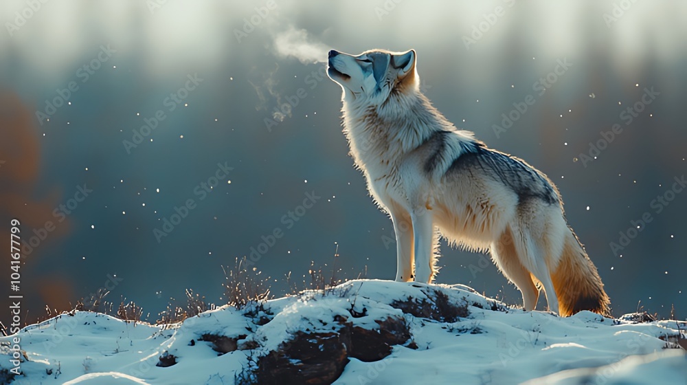 Obraz premium A lone wolf stands on a snow-covered hill, howling at the sky, with a soft, snowy background.