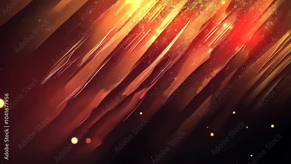 A red and gold abstract background with diagonal lines and small, glowing dots