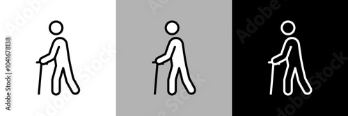 杖をついて歩く人のイラスト。シンプルな線画のベクターアイコン。