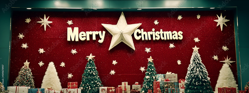 Naklejka premium A Christmas display in the supermarket features many decorations, including a large red wall and a white star-shaped decoration on top of it. The words 