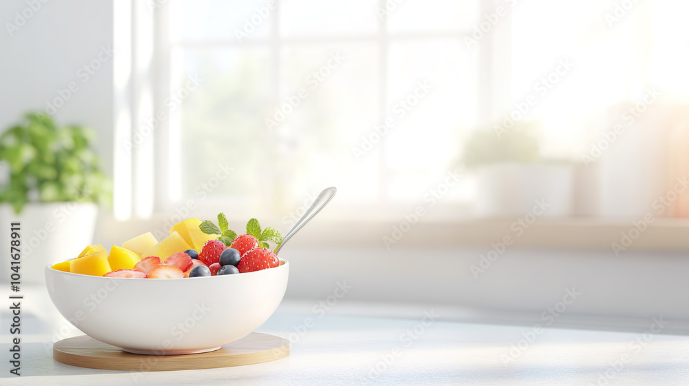 Fresh fruit salad with strawberries, blueberries, and mango cubes sits in white bowl on sunny kitchen counter Fresh fruit salad with strawberries, blueberries, and mango cubes sits in white bowl on sunny kitchen counter