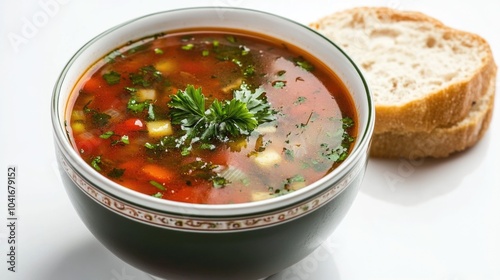 A simple meal consisting of a warm bowl of soup accompanied by a slice of bread