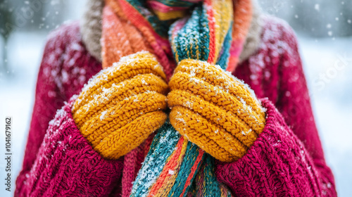 Person wearing colorful winter clothing, including vibrant scarf and yellow mittens, stands in snowy setting. photo