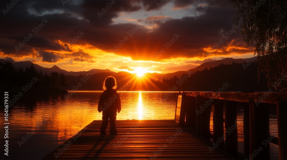 A child stands on a dock watching a sunset over a lake. A child stands on a dock watching a sunset over a lake.