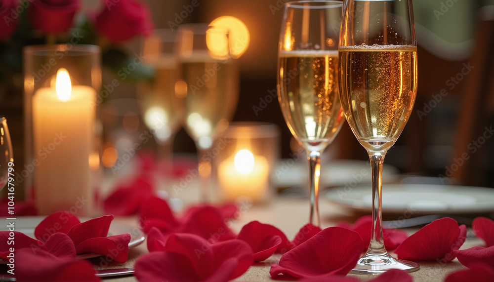 Champagne glasses on a romantic dinner table decorated with rose petals and candles
Champagne glasses on a romantic dinner table decorated with rose petals and candles