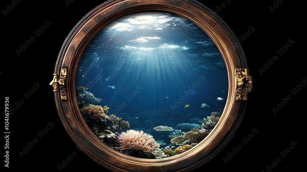 Discover a breathtaking underwater view of coral reefs and tropical fish visible through a round window, basking in soft sunlight Discover a breathtaking underwater view of coral reefs and tropical fish visible through a round window, basking in soft sunlight