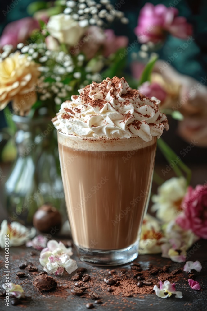 A summer-inspired cold coffee, adorned with whipped cream and garnished with a sprinkle of cocoa A summer-inspired cold coffee, adorned with whipped cream and garnished with a sprinkle of cocoa
