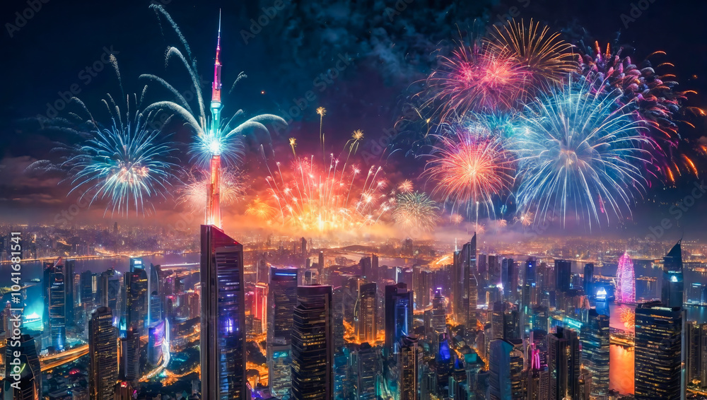 Obraz premium AI-generated images of colorful breathtaking dazzling New Year fireworks celebrations over the city